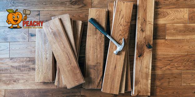 Atlanta wood flooring installation services with hardwood planks and Peachy Flooring Solutions logo